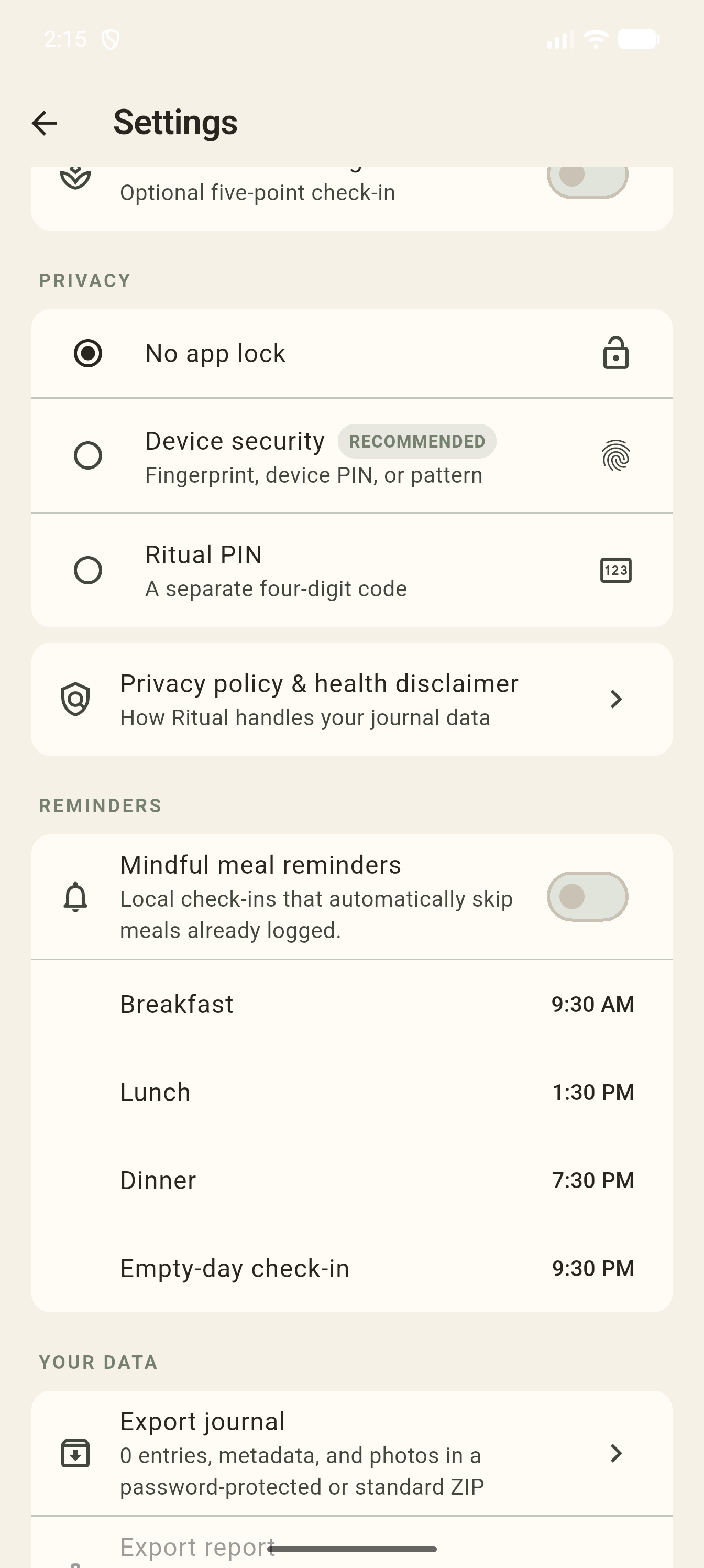 Ritual Settings screen showing app-lock choices, local meal reminder times, and journal export controls